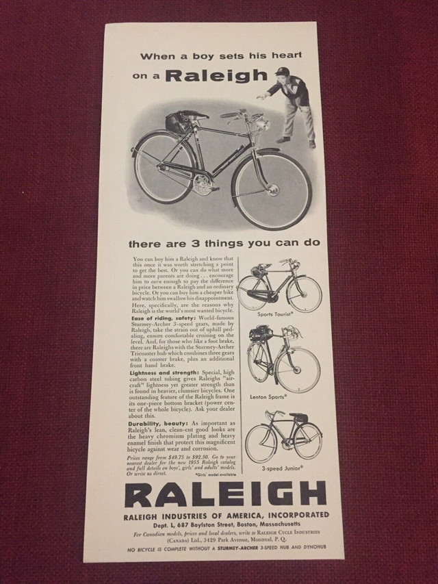 1955 Raleigh Bicycles Original Ad in Arts & Collectibles in North Bay