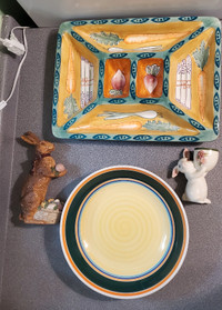 Festive Serving Platter, Bowl and 2 accent Bunnies