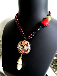 vintage ART© MODE NECKLACE pearls cloisonne coral CHINESE MOTIF