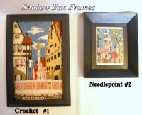2 frames, shadow box, crochet and needlepoint, ready to hang