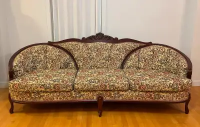 Charming and attractive vintage couch (90") and arm chair set. Re-done in high quality tapestry upho...