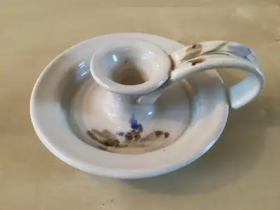 6” Handmade Glazed Pottery Chamberstick Candle Holder - Mint, View more