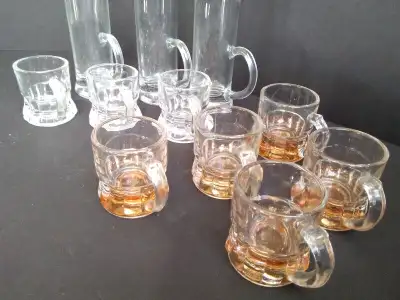 Eleven Vintage Shot Glasses/Mini Beer or Toy Mugs/Toothpick Holders: Federal Glass - 5 Pinkish (look...