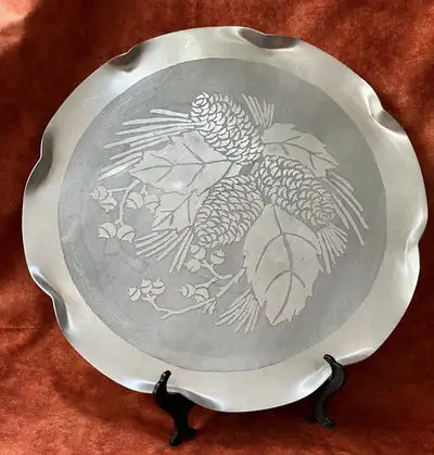 Pressed aluminum serving tray with pine cone design, View more