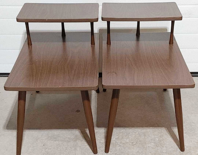 Vintage MCM 2 Tier Wood Veneer Side/End Tables Pair in Other Tables in Winnipeg - Image 2