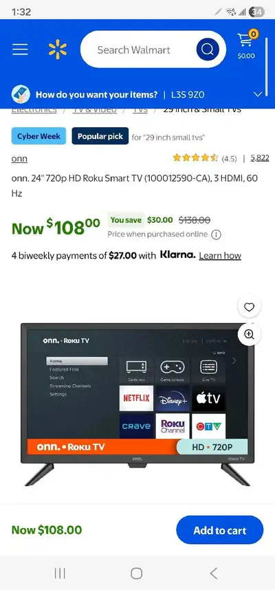 onn. 24" 720p HD Roku Smart TV (100012590-CA),, View more