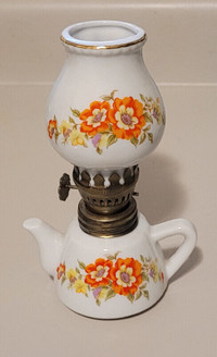 Vintage Miniature Ceramic Teapot Oil Lamp with Orange Flowers
