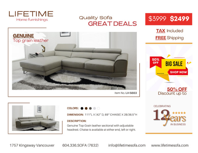 Genuine Top Grain leather sectional sofa and chaise in Couches & Futons in Vancouver
