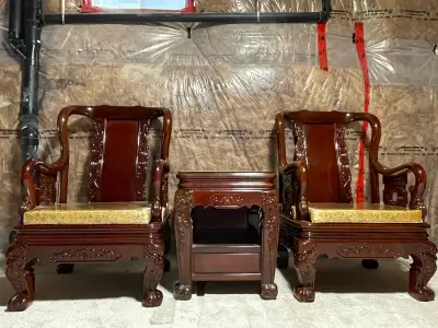 Traditional Chinese Carved Wooden Armchair Set + Side Table, View more