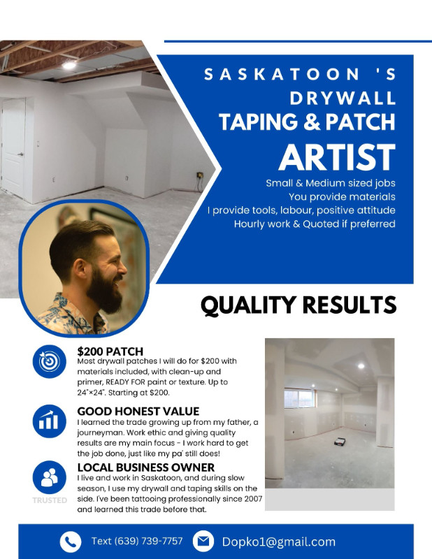 Drywall, taping, patching available in Renovations, General Contracting & Handyman in Saskatoon