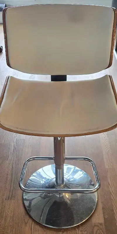 Set of 6 white leather and wood bar stools, View more