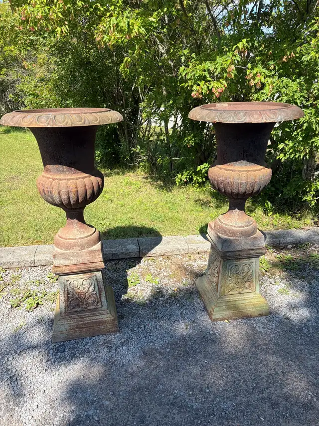 Pair 47”h Antique Victorian Urns w Plinths