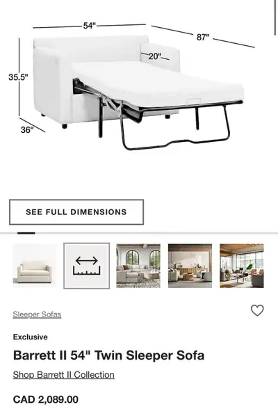 Crate and Barrel sleeper sofa, moving sale No smoking no pets, 2 year old in mint condition Retailed...