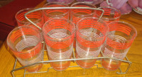 Midcentury Red/White Patterned Juice Glasses & Rack