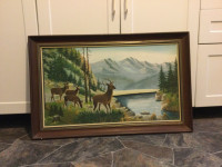 Art Painting on board with wood frame deer landscape signed