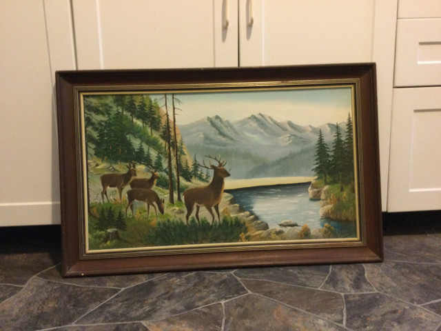 Art Painting on board with wood frame deer landscape signed in Arts & Collectibles in Winnipeg