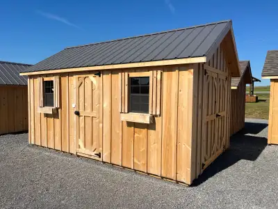 10 X 16 Storage Shed - Board & Batten Siding - Natural Finish - Metal Roof (Optional Colours) - Sing...