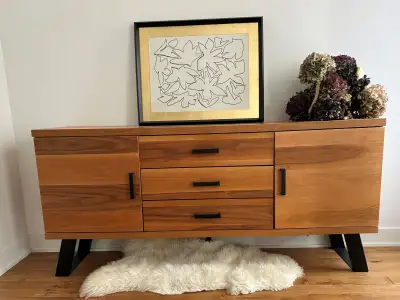 Beautiful wood sideboard / buffet with black hardware, View more