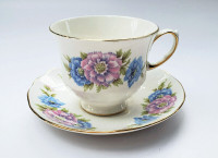 Queen Anne teacup and saucer, purple blue flowers, mums, gold