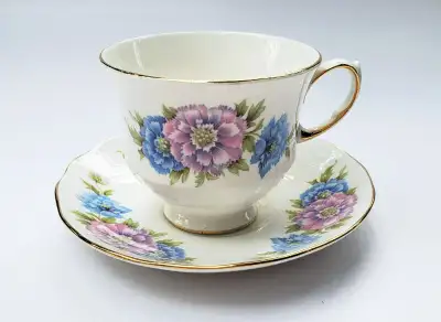 Queen Anne teacup and saucer, purple blue flowers, mums, gold trim, Ridgway Potteries Rare find - Bo...