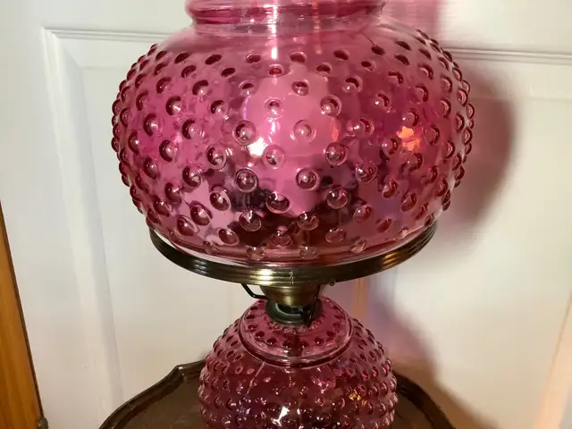 Vt Cranberry Red Hobnail Hurricane Double Lt Lamp Bronzed Base in Indoor Lighting & Fans in Belleville - Image 6