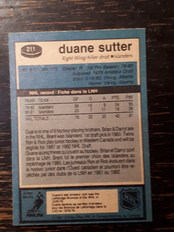 1981-82 O-Pee-Chee Hockey Duane Sutter Rookie Card #211 in Arts & Collectibles in Chatham-Kent - Image 2