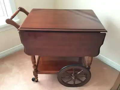 Kroehler Cherry Wood Drop Leaf Tea Cart with Wheels Estate Sale C. 1983 - 1987 Pristine Condition Be...