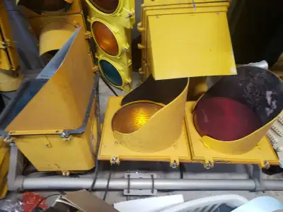 Real traffic light with a rare mixed configuration. Two standard 12" polycarbonate sections (red and...