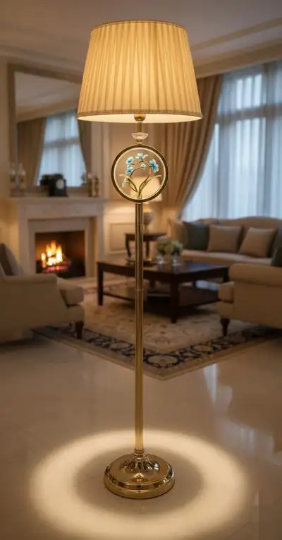 Gold Floor Lamp with Floral Accent – Beige Pleated Shade, View more