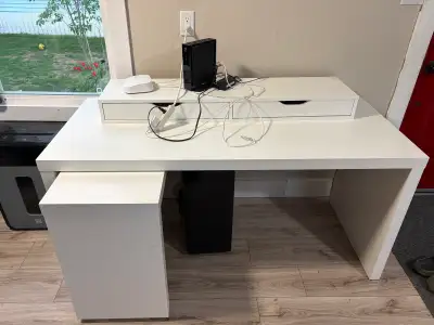 IKEA malm desk with pull out panel and attached ekby alex monitor stand with drawers. Few cosmetic m...