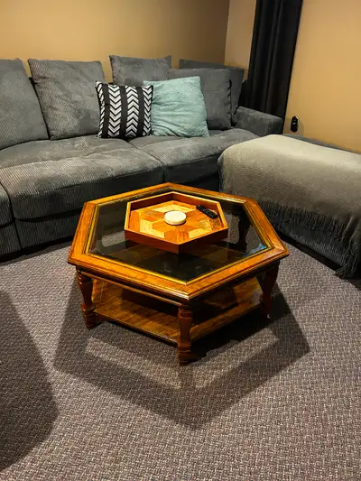 Wood Hexagon Coffee Table w/ Glass Top, View more