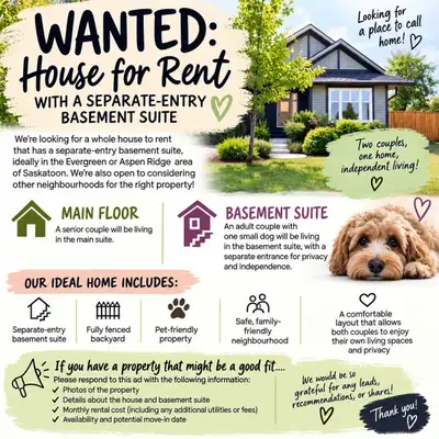 WANTED: WHOLE HOUSE FOR RENT WITH A SEPARATE-ENTRY BASEMENT SUITE We are looking for a whole house t...