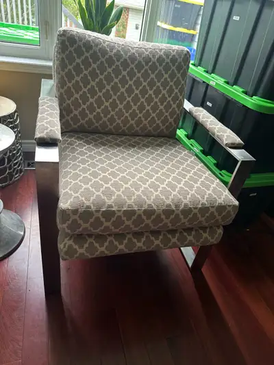 Modern Upholstered Armchair with Metal Frame, in excellent condition. Pickup only. $90 obo. Dimensio...