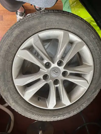 Good condition summer tires on steel rims, Off a 2014 Hyundai Elantra gt , located In Lansdowne