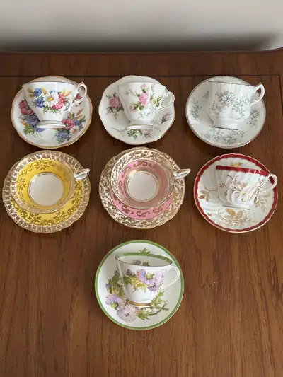 Beautiful collection of fine English bone china teacup sets. Brands include Aynsley, Paragon, Royal...