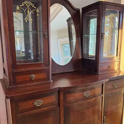 Vintage wooden buffet with mirror, vitrines and drawers, View more