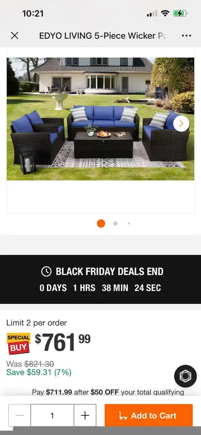 5-Piece Wicker Patio Conversation Furniture Set with Blue Cushio, View more