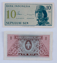 Indonesian 1964 and Laotian 1962 paper bills (set of 2)