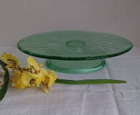 Green glass, footed, cake plate - vintage