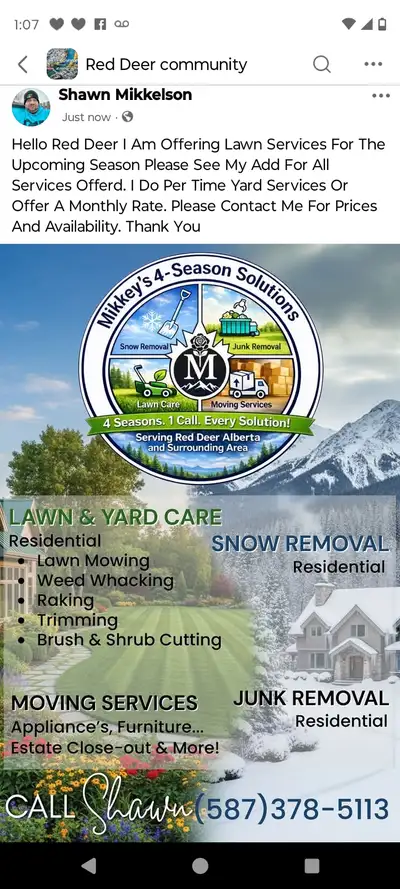 Hello I offer lawn Maintenance in red deer and surrounding areas. I offer power raking and aierating...