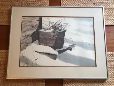 Vintage Snow Covered Wood & Metal Planter WaterColour Print Signed Jack Reid With Matte & Silver Met...
