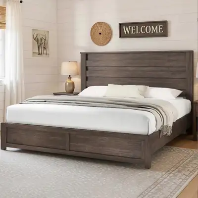 New-EBERN DESIGNS KING 49" FARMHOUSE PLATFORM BED, GREY, View more