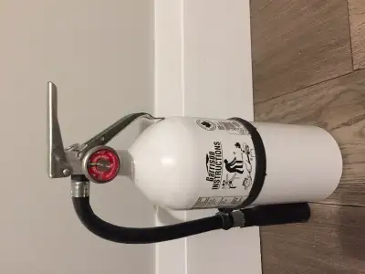 Never Used. Fire Extinguisher in White Color. Size approx: Diameter 5.1/4 x H 13.5/8 inches ( from b...