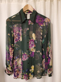 Green 100% Silk Sheer Floral Blouse by LANGUAGE, Size Small