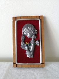 Vintage Pewter Angel and Wood Wall Hanging