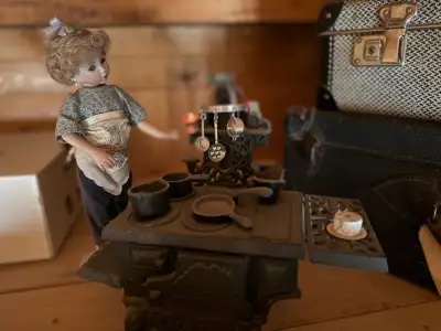 miniature cast iron stove with accessories, View more