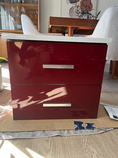 WALL HUNG VANITY - CRIMSON COLOURED LAQUERED FINISH - STORAGE IN BOTH DRAWERS - INCLUDES CABINET, SI...