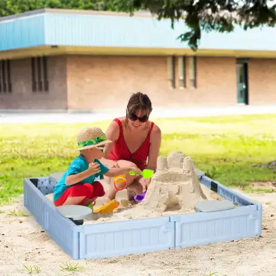 Kids Outdoor Sandbox with Canopy, Bottom Fabric Liner, Light Blue DIY this sandbox requires no speci...