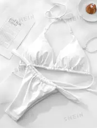 Mono Bikini Set Halter Micro Triangle Bra White Size M