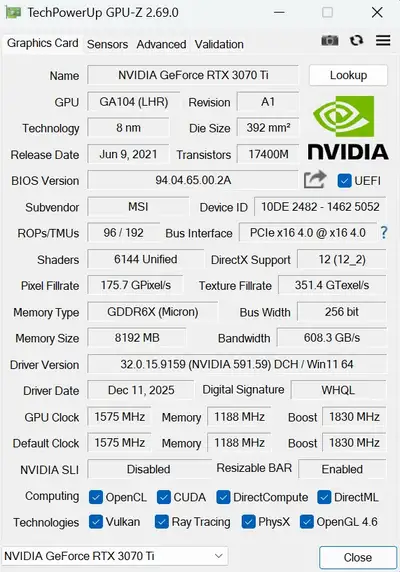 MSI GeForce RTX 3070 Ti OC 8G, View more
